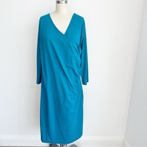 Soft Surroundings Faux Wrap Ruched Dress Teal Blue Size Large Tall